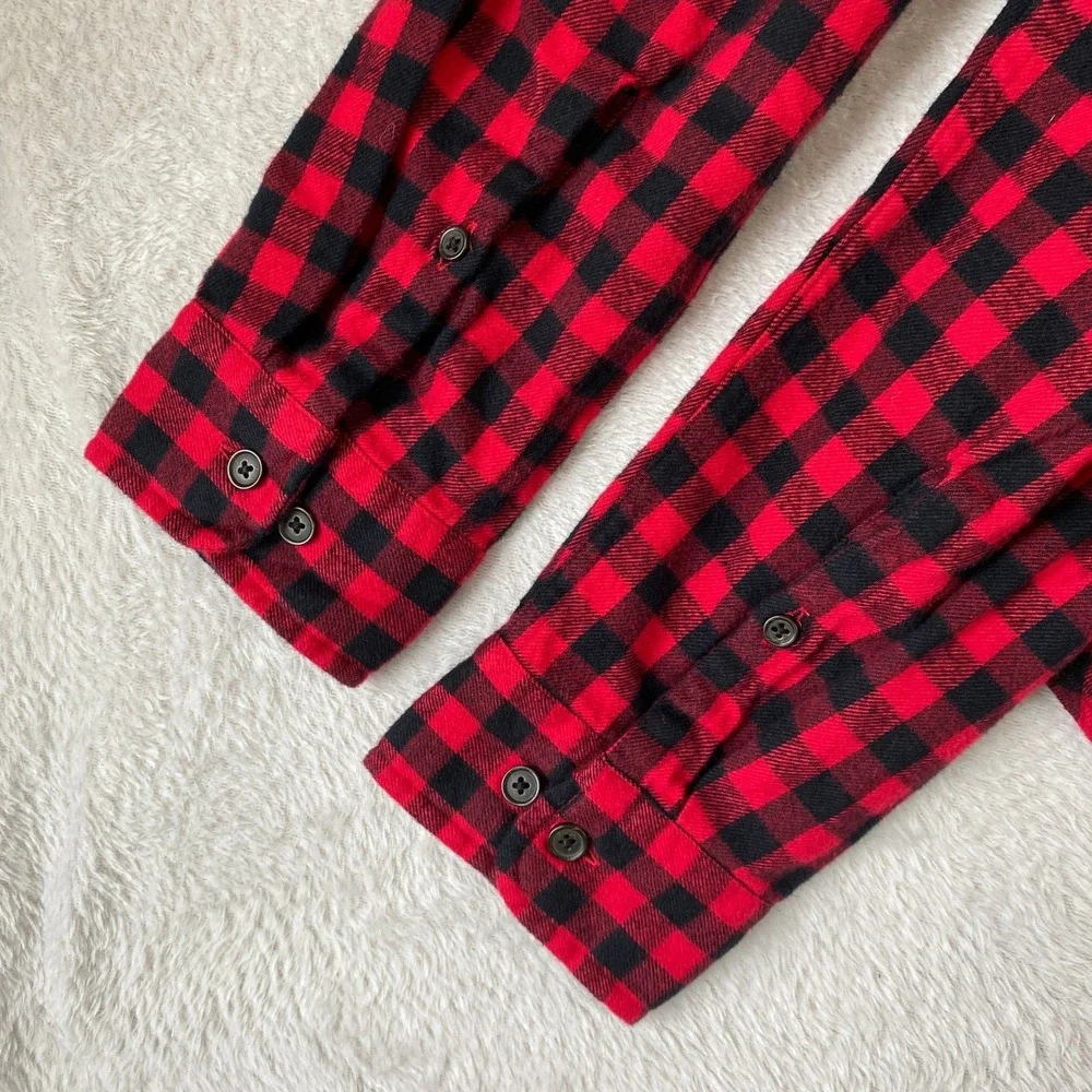 Lands End Flannel Shirt Mens L Red Black Buffalo Plaid 100% Cotton Tailored Fit